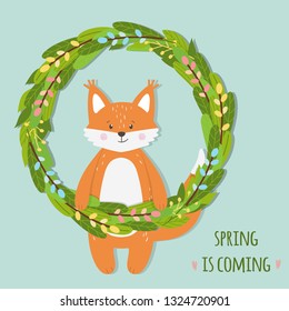 Cute funny orange fox animal in floral spring wreath