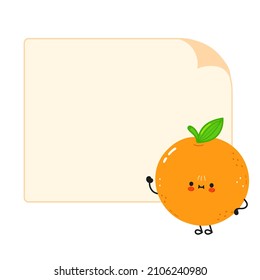 Carácter gracioso de fruta naranja con burbuja de habla. Caricatura dibujada a mano del vector icono de ilustración del personaje kawaii. Aislado sobre fondo blanco. Concepto de personaje de fruta naranja feliz