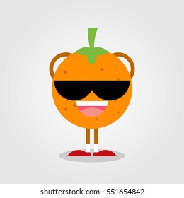 Cute and funny orange fruit flat cartoon icon with various expression and pose for kids and children with grey background