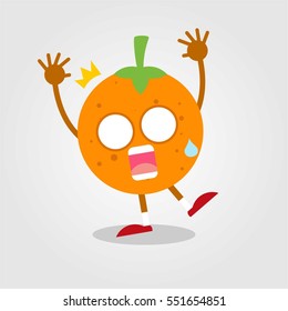 Cute and funny orange fruit flat cartoon icon with various expression and pose for kids and children with grey background
