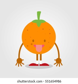 Cute and funny orange fruit flat cartoon icon with various expression and pose for kids and children with grey background