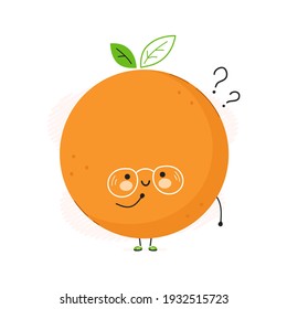 Cute lustige Orange Frucht mit Fragezeichen. Vektorhandgezeichnete Cartoons kawaii Zeichentricksymbol. Einzeln auf weißem Hintergrund. Orange-Frucht-Denkkonzept