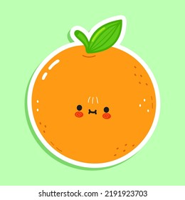 Cute funny orange fruit sticker character. Vector hand drawn cartoon kawaii character illustration. Isolated green background. Orange fruit sticker