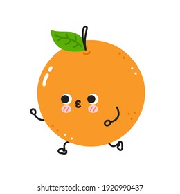 Cute lustiges Orangenjoggen. Vektorgrafik mit flacher Linie Kawaii Zeichentricksymbol. Einzeln auf weißem Hintergrund. Orange-Frucht-Workout-Konzept