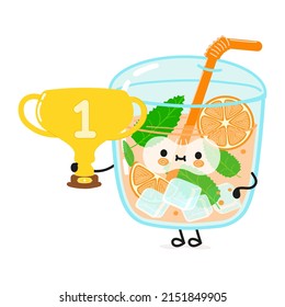 Cute funny orange juice hold gold trophy cup.Vector hand drawn cartoon kawaii character illustration icon. Isolated white background. Orange juice with winner trophy cup,emoji,child,face,adorable