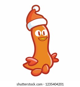 Cute and funny orange little duck walking and simling happily and wearing Santa's hat for christmas - vector.