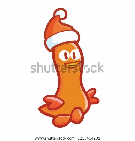 Cute and funny orange little duck walking and simling happily and wearing Santa's hat for christmas - vector.