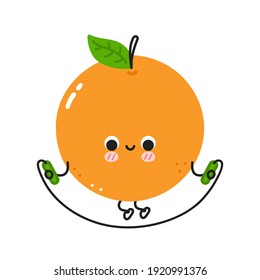 Cute funny orange make gym with jump rope. Vector flat line cartoon kawaii character illustration icon. Isolated on white background. Orange fruit workout,jump rope mascot cartoon character concept