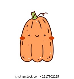 Cute and funny orange pumpkin isolated on white background. Vector hand-drawn illustration in doodle style. Kawaii character. Perfect for cards, decorations, logo and Halloween designs.