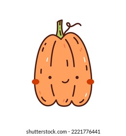 Cute und lustige orangefarbene Kürbis einzeln auf weißem Hintergrund. Vektorhandgezeichnete Illustration im Doodle-Stil. Kawaii-Charakter. Ideal für Karten, Dekorationen, Logo und Halloween-Designs.