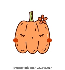 Cute and funny orange pumpkin isolated on white background. Vector hand-drawn illustration in doodle style. Kawaii character. Perfect for cards, decorations, logo and Halloween designs.