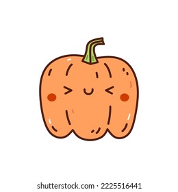 Cute and funny orange pumpkin isolated on white background. Vector hand-drawn illustration in doodle style. Kawaii character. Perfect for cards, decorations, logo and Halloween designs.