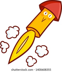 Cute and funny orange rocket with happy face launching to the sky