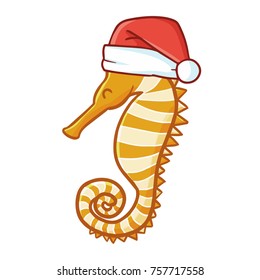 Cute and funny orange seahorse wearing Santa's hat for Christmas and smiling - vector.