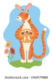 A cute funny orange tiger holds a basket with Easter eggs in his hands and smiles cutely. False bunny ears. Vector spring illustration. 2022 new year. Year of the tiger.