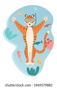 A cute funny orange tiger in a swimming mask with a snorkel is engaged in diving underwater. Sea inhabitants and algae. Vector illustration. 2022 new year. Year of the tiger.
