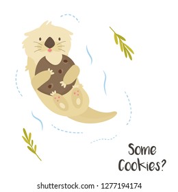 Cute funny otter with cookie floating in river. Animal character vector illustration. Print design