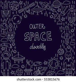 Cute funny outer space doodles cosmos symbols rockets spaceship alien astronaut