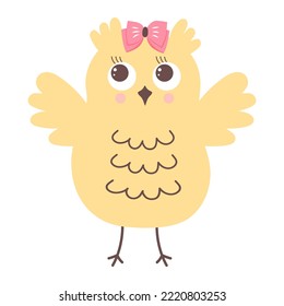 Cute funny owl with bow. Forest bird cartoon character.