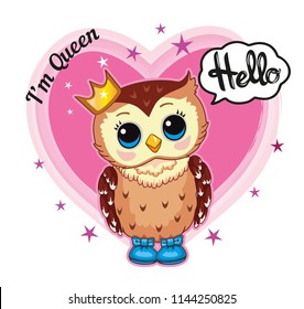 Cute funny owl with crown on white background. Isolated children cartoon illustration with animal, heart, stars and motivating text, suitable for print, sticker. Decorative or style doll, toy. Vector.