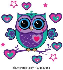 Cute funny owl. Forest bird heart and stars. Decorative and style toy, doll. Wonderland. Magic, fabulous story. Isolated children's cartoon illustration, for print or sticker. White background. Vector