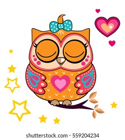 Cute funny owl. Forest bird heart and stars. Decorative and style toy, doll. Wonderland. Magic, fabulous story. Isolated children's cartoon illustration, for print or sticker. White background. Vector