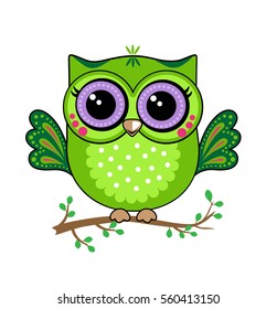 Cute funny owl. Forest bird or animal. Decorative and style toy, doll. Wonderland. Magic, fabulous story. Isolated children's cartoon illustration, for print or sticker. White background. Vector.