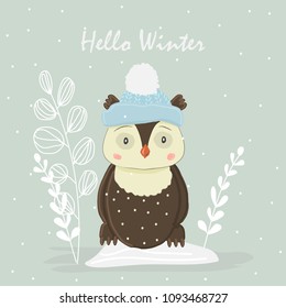 Cute funny owl in the hat. Hello winter. for printing. Card. Winter background.