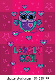 Cute funny owl, hearts and stars on abstract pink background. Forest animal, stars, heart. Decorative and style toy, doll. Wonderland. Children cartoon fairytale illustration for print. Vector. 