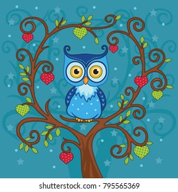 Cute funny owl on abstract blue background. Children's cartoon illustration with fabulous animal or bird, heart and stars. Decorative or style doll, toy. Fairytale and magic story.  Wonderland. Vector