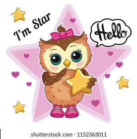 Cute funny owl on white background. Isolated children cartoon illustration with animal, heart, stars and motivating text, suitable for print, sticker. Decorative or style doll, toy. Romantic. Vector.