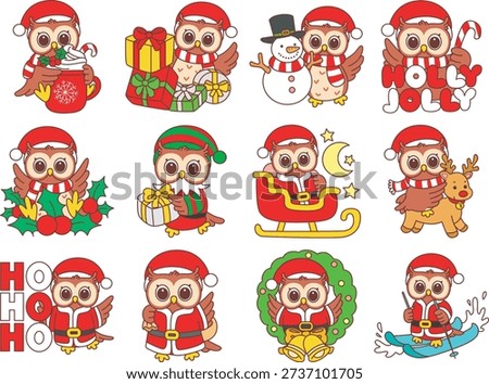 Cute funny Owl sticker icon with christmas theme. Funny Owl with variation of Christmas party