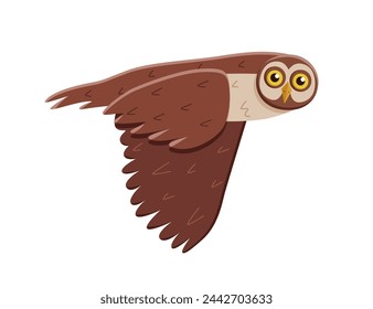 Cute funny owl with tilted leaned head in flight. Vector illustration of cartoon forest night birds.