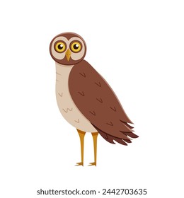 Cute funny owl with tilted leaned head. Vector illustration of cartoon forest night bird.