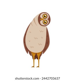 Cute funny owl with tilted leaned head. Vector illustration of cartoon forest night bird.