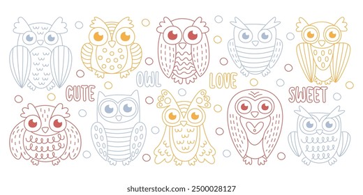 Cute funny owls wild forest birds in hand drawn graphic doodle line art sketch style collection. Coloring book and fairytale design with variety of sweet little wise birdie vector illustration