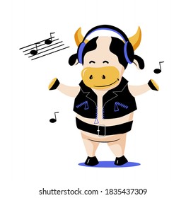 Cute and funny ox- chinese year symbol, cartoon character. Ox listening to music, wearing black jacket and earphones, vector illustration in flat style