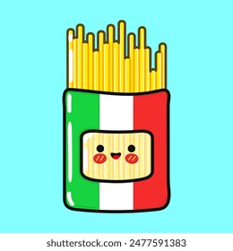 Lindo divertido Pack Spaghetti personaje. Vector dibujado a mano de dibujos animados kawaii personaje ilustración icono. Aislado sobre fondo azul. Concepto de personaje de Happy Spaghetti