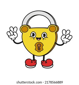 Cute funny padlock character. Vector line doodle traditional retro cartoon kawaii character illustration icon. Isolated on white background. Cute padlock mascot concept