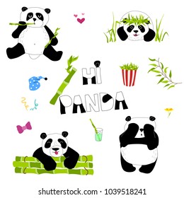Cute and funny panda with accessories set. Doodle hand drawn style. Vector illustration.