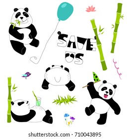 Cute and funny panda with accessories set. Doodle hand drawn style. Vector illustration.
