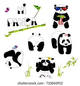 Cute and funny panda with accessories set. Doodle hand drawn style. Vector illustration.