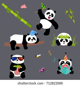 Cute and funny panda with accessories set. Doodle hand drawn style. Vector illustration.
