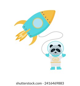 Cute funny panda astronaut flying on a rocket. Space adventure. 