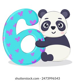 Lindo divertido oso panda personaje de dibujos animados con el número 6. Postal de la fiesta del sexto cumpleaños de los niños, elemento de invitación.