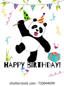 Cute and funny panda celebrates birthday card. Doodle hand drawn style. Vector illustration.