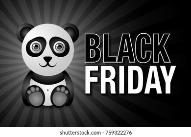 Cute and funny panda character with Black Friday lettering on dark grey background