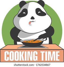 Cute and funny panda character cooking in a kitchen. its cooking time. Panda social media sticker.  Isolated on white background
