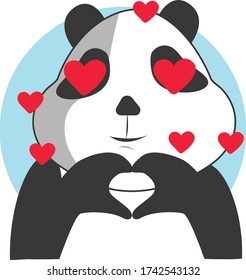 Cute and funny panda character showing  love sign with his hands.Hearts on face. Panda social media sticker.  Isolated on white background