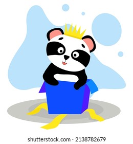 lindo y gracioso panda con una corona en una caja de regalo